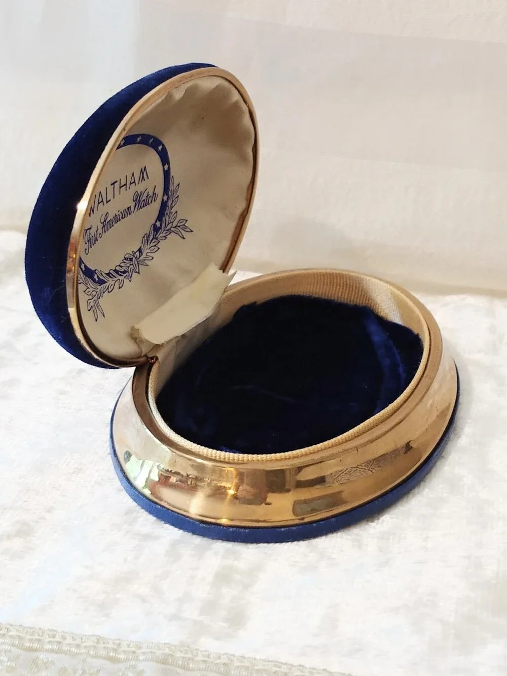 Waltham Blue Velvet Lined Gold Tone Jewelry Watch Presentation Box Case